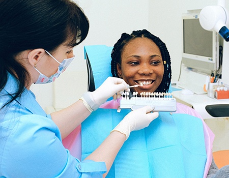 Dentist holding shade guide next to woman’s teeth